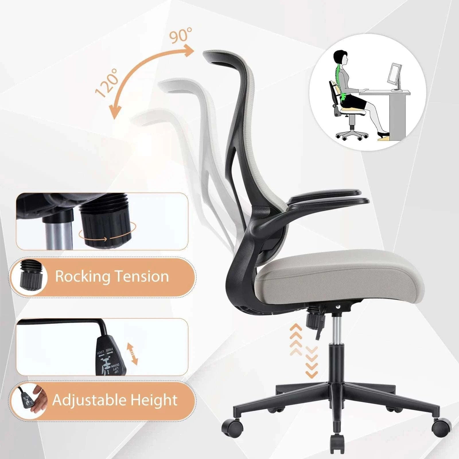 Ergonomic Mesh Office Chair with Lumbar Support & Flip-Up Arms-LIGHT GRAY / United States