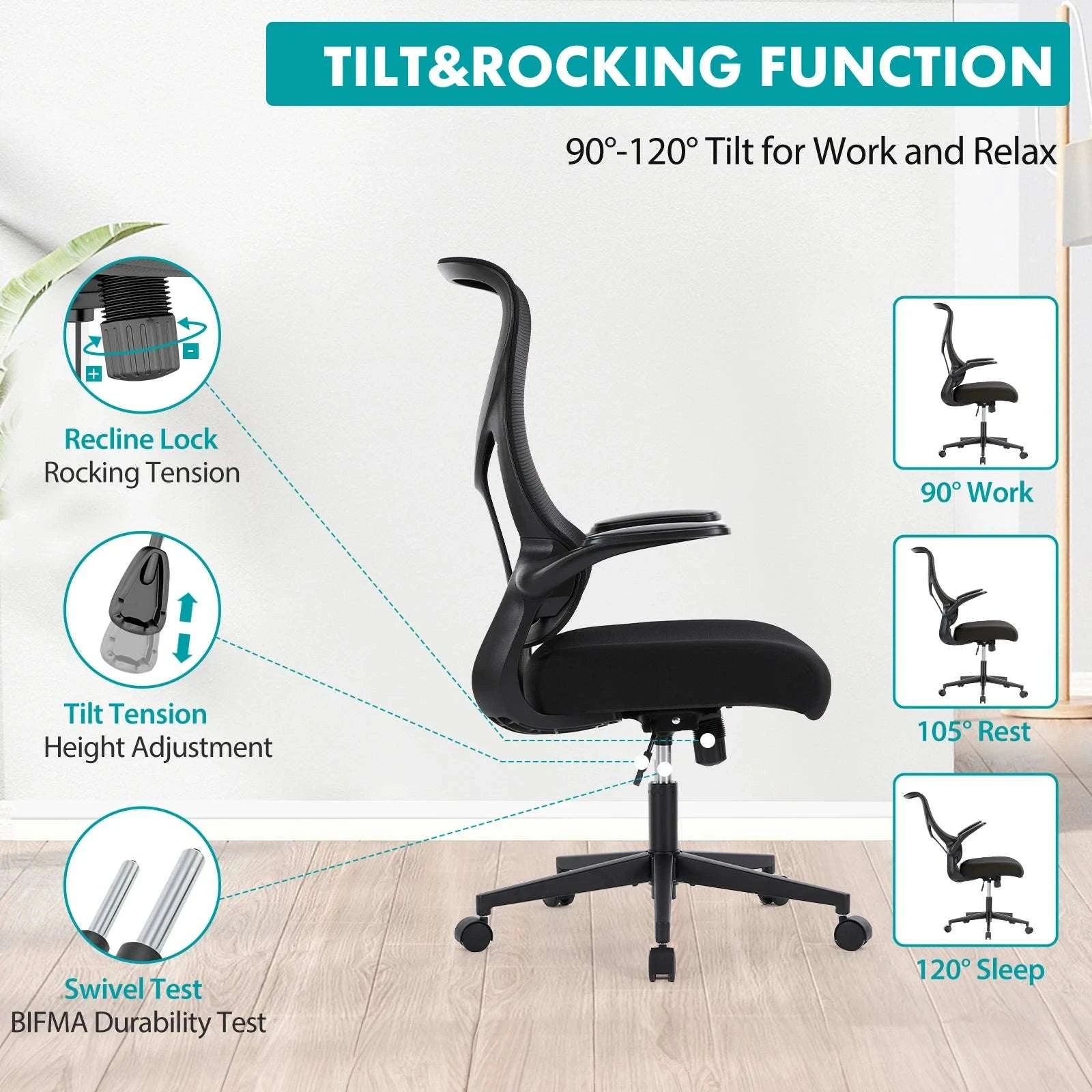 Ergonomic Mesh Office Chair with Lumbar Support & Flip-Up Arms-LIGHT GRAY / United States