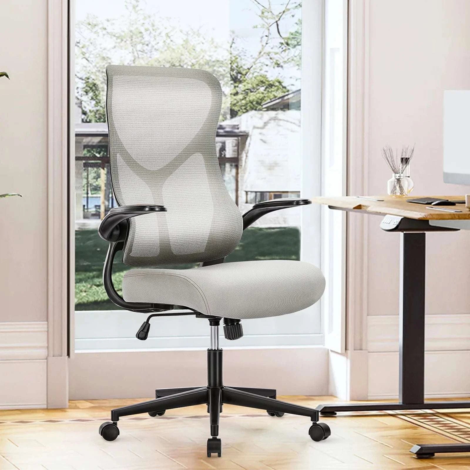 Ergonomic Mesh Office Chair with Lumbar Support & Flip-Up Arms-LIGHT GRAY / United States
