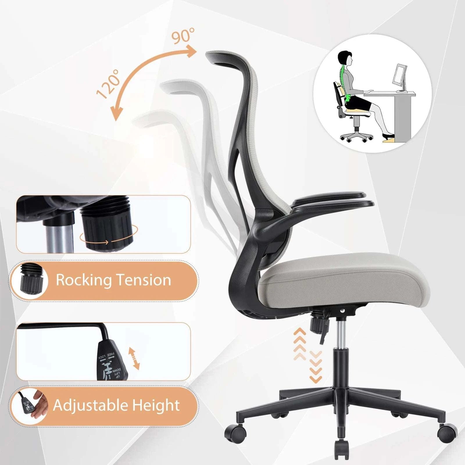 Ergonomic Mesh Office Chair with Lumbar Support & Flip-Up Arms-LIGHT GRAY / United States