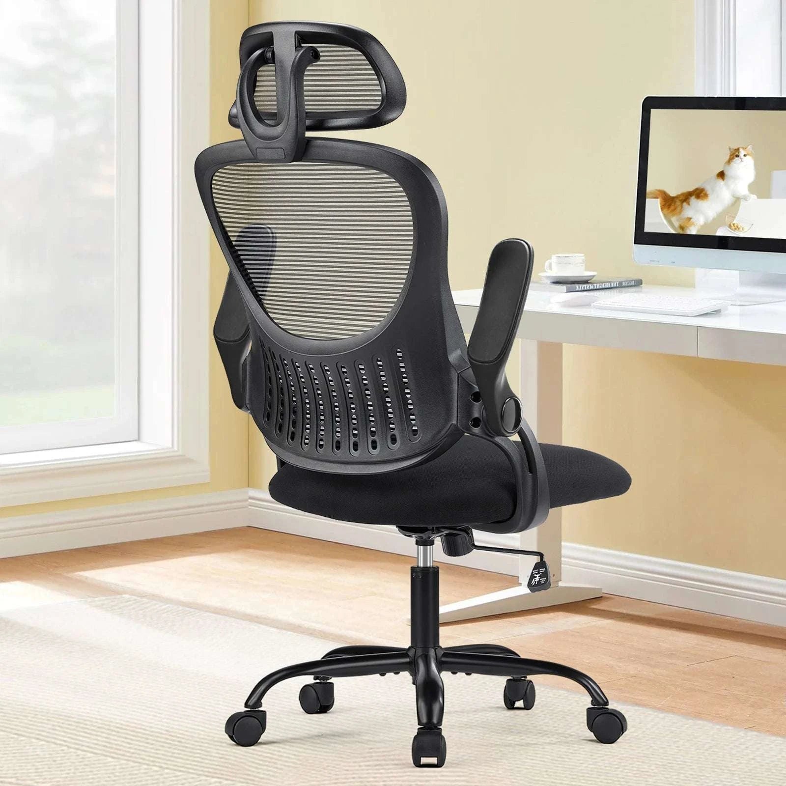 Ergonomic Mesh Office Chair with Lumbar Support, Headrest & Flip Arms-LIGHT GRAY / United States