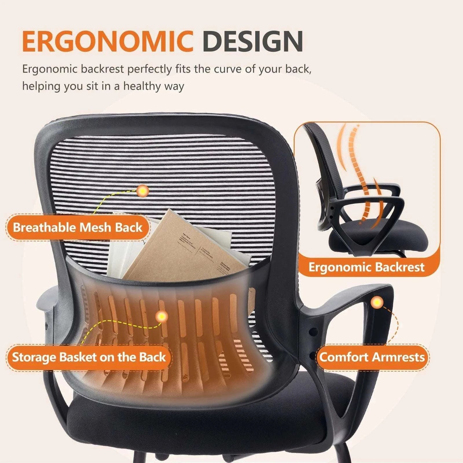 Ergonomic Office Chair No Wheels with Mesh Lumbar Support-Black 1-Pack / United States