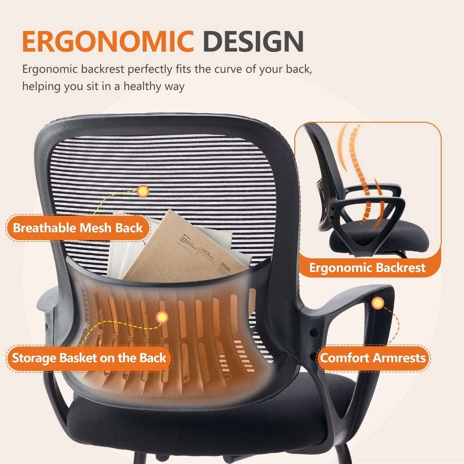 Ergonomic Office Chair No Wheels with Mesh Lumbar Support-Black 1-Pack / United States