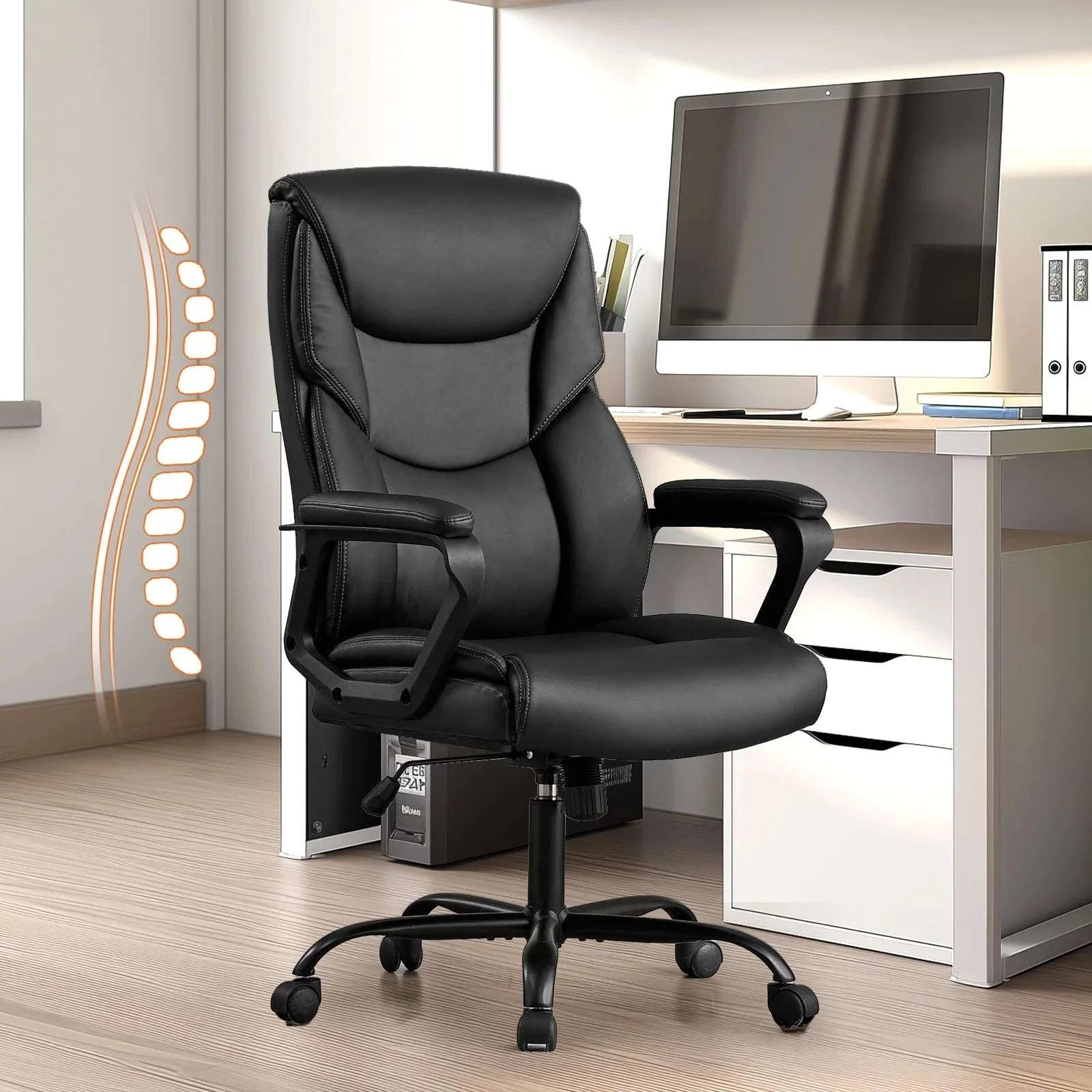 Ergonomic Office Chair with Flip-Up Arms PU Leather Swivel Seat-Beige / United States