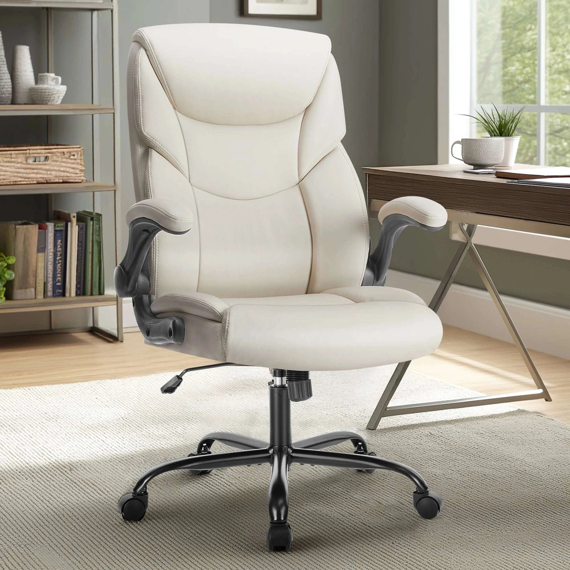 Ergonomic Office Chair with Flip-Up Arms PU Leather Swivel Seat-Beige / United States
