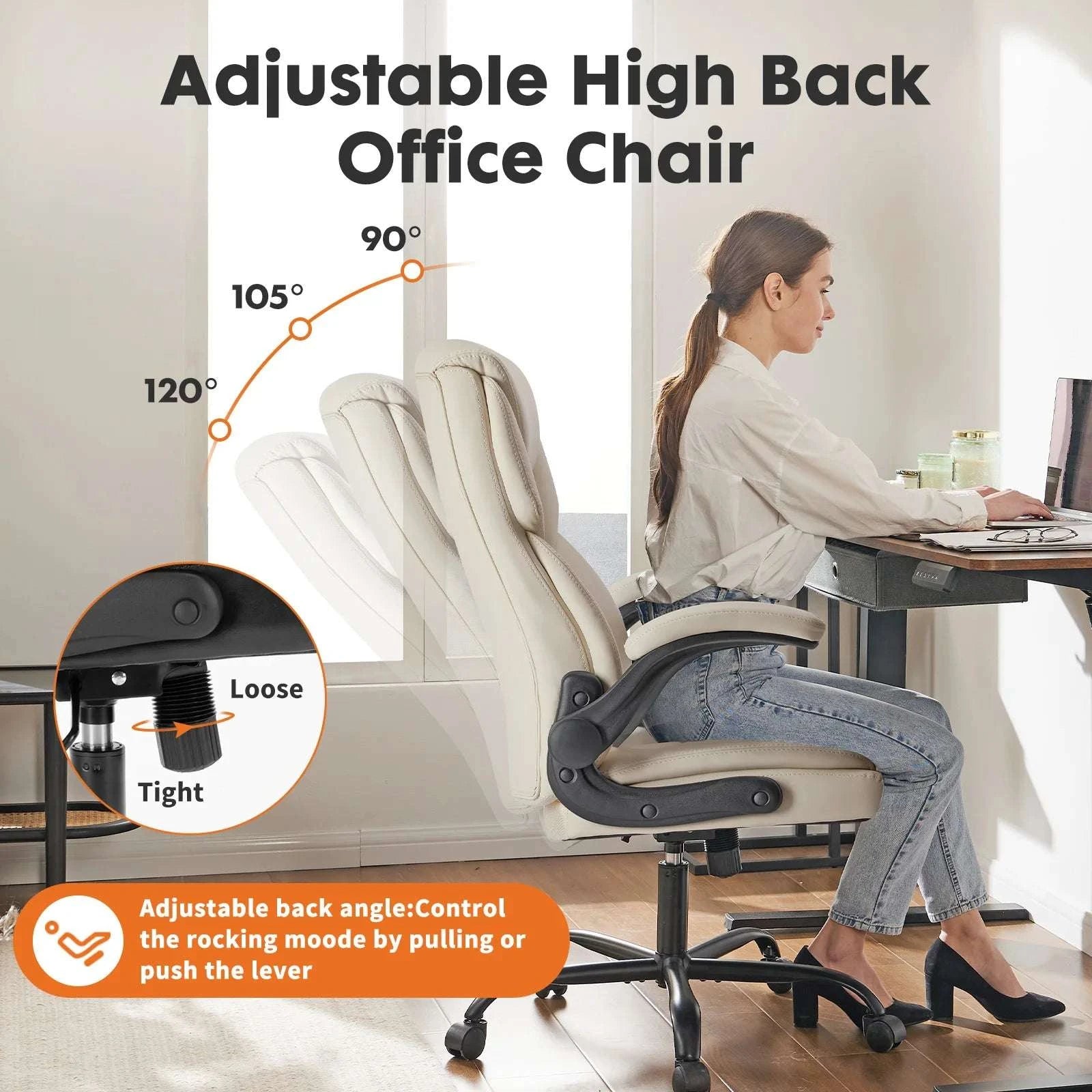 Ergonomic Office Chair with Flip-Up Arms PU Leather Swivel Seat-Beige / United States