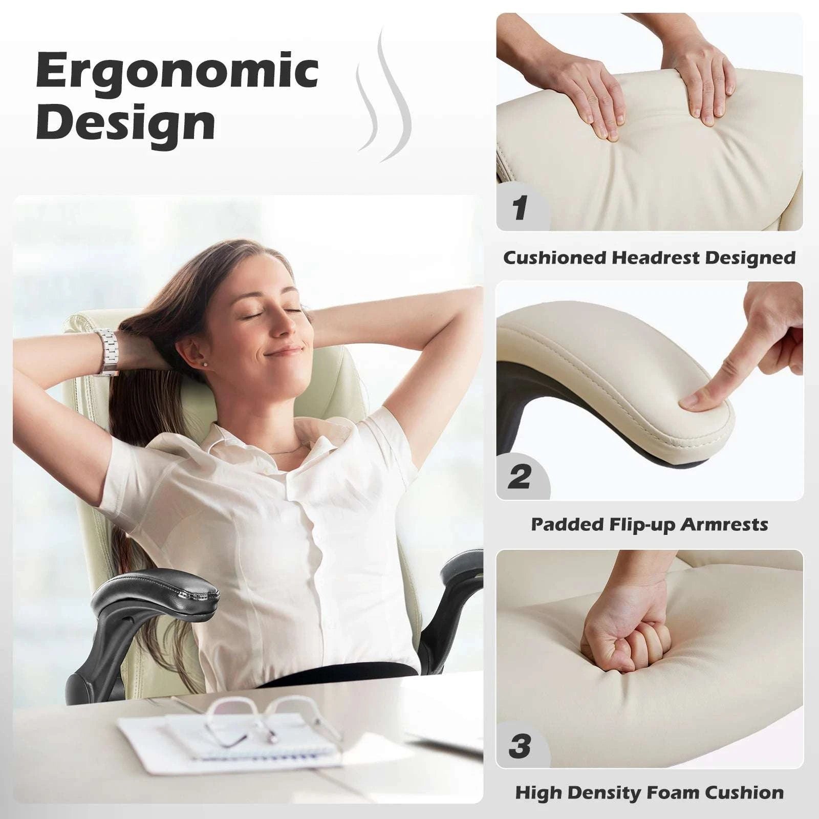 Ergonomic Office Chair with Flip-Up Arms PU Leather Swivel Seat-Beige / United States