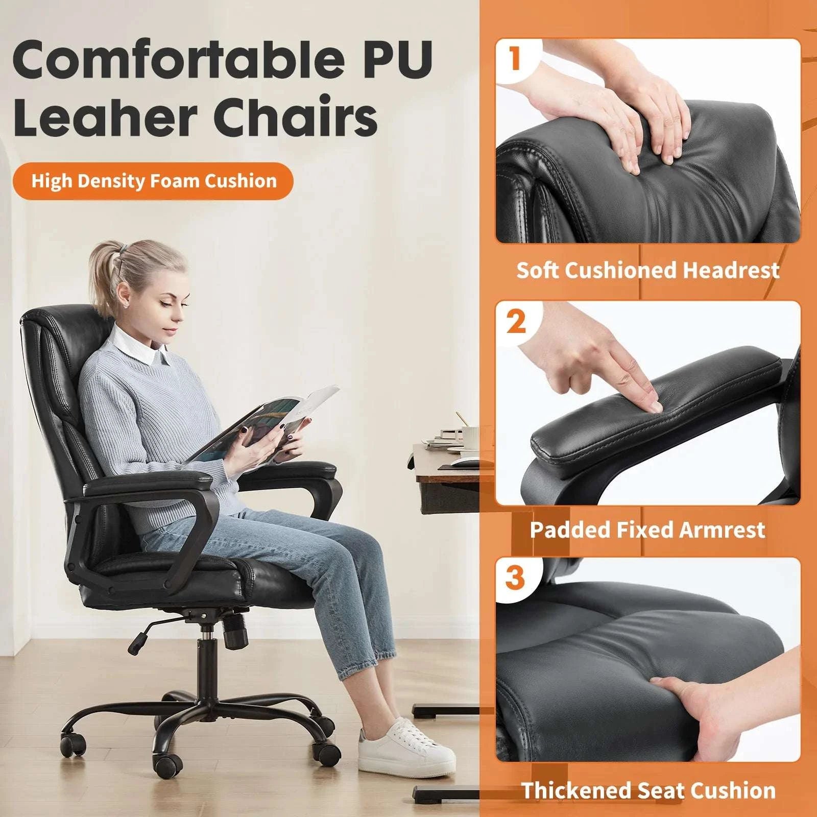 Ergonomic PU Leather Gaming Office Chair with Lumbar Support-Fixed handrails BN / United States