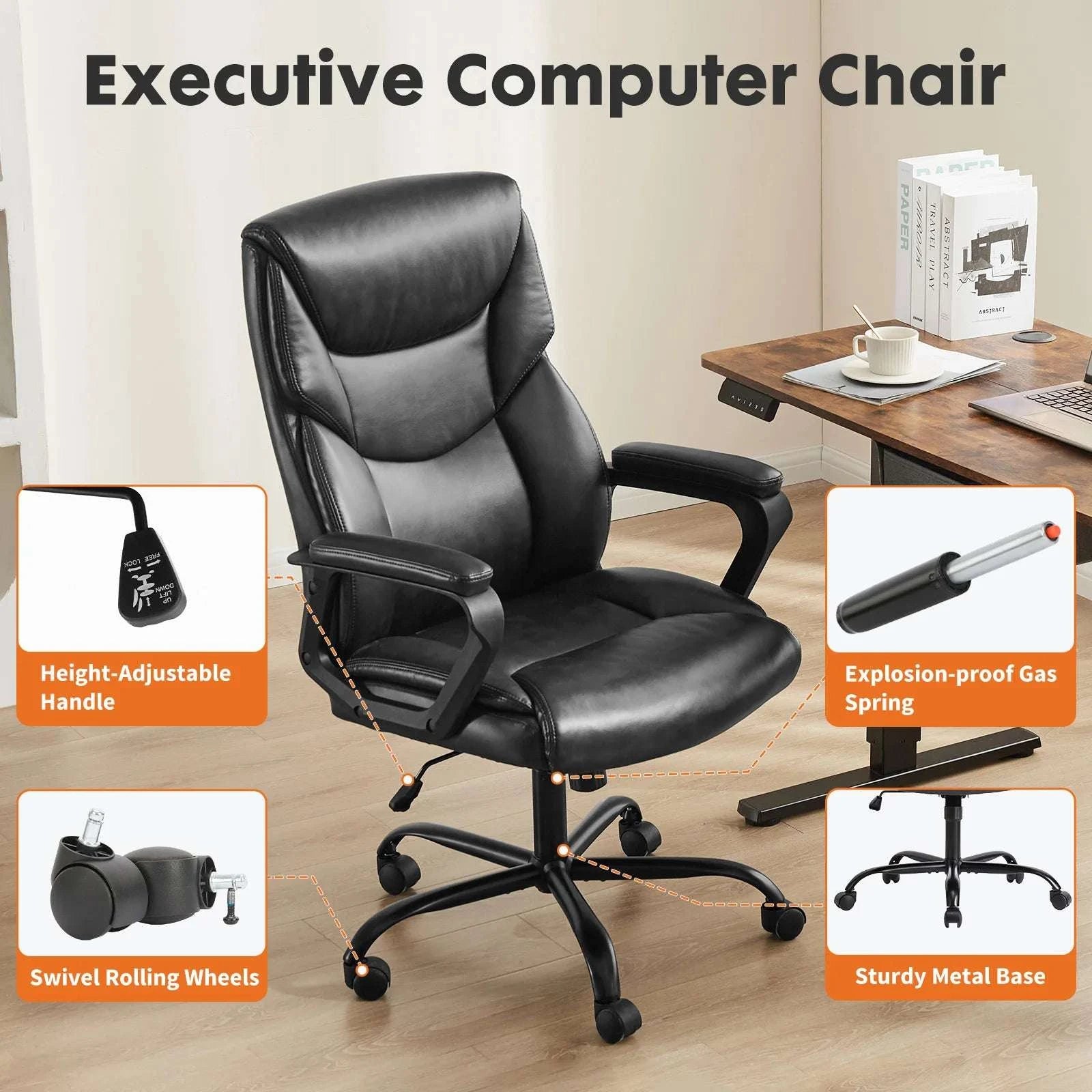 Ergonomic PU Leather Gaming Office Chair with Lumbar Support-Fixed handrails BN / United States