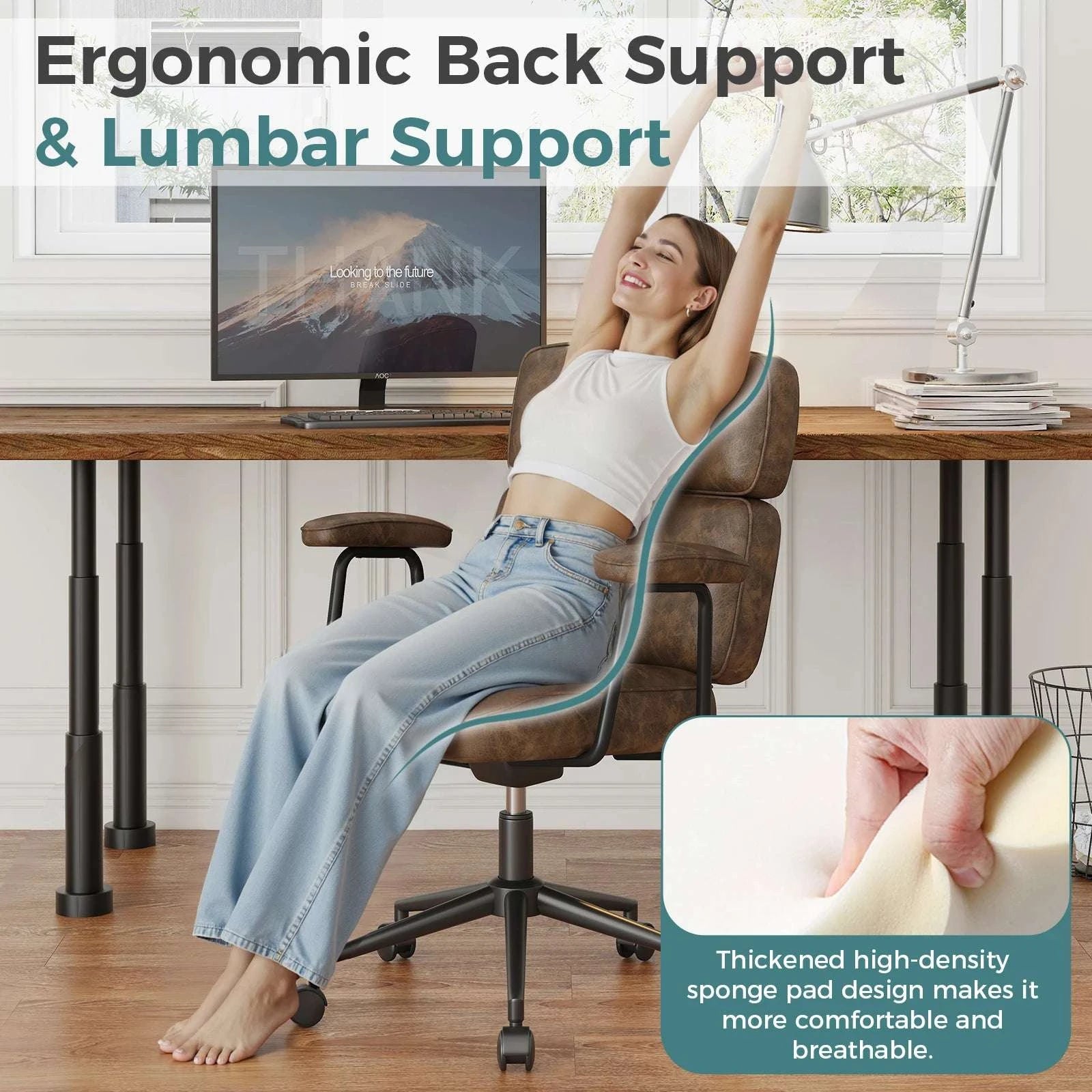 Ergonomic PU Leather Office Chair with Lumbar Support & Adjustable Height-Pink / United States