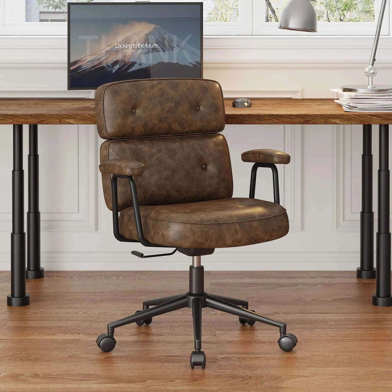 Ergonomic PU Leather Office Chair with Lumbar Support & Adjustable Height-Pink / United States