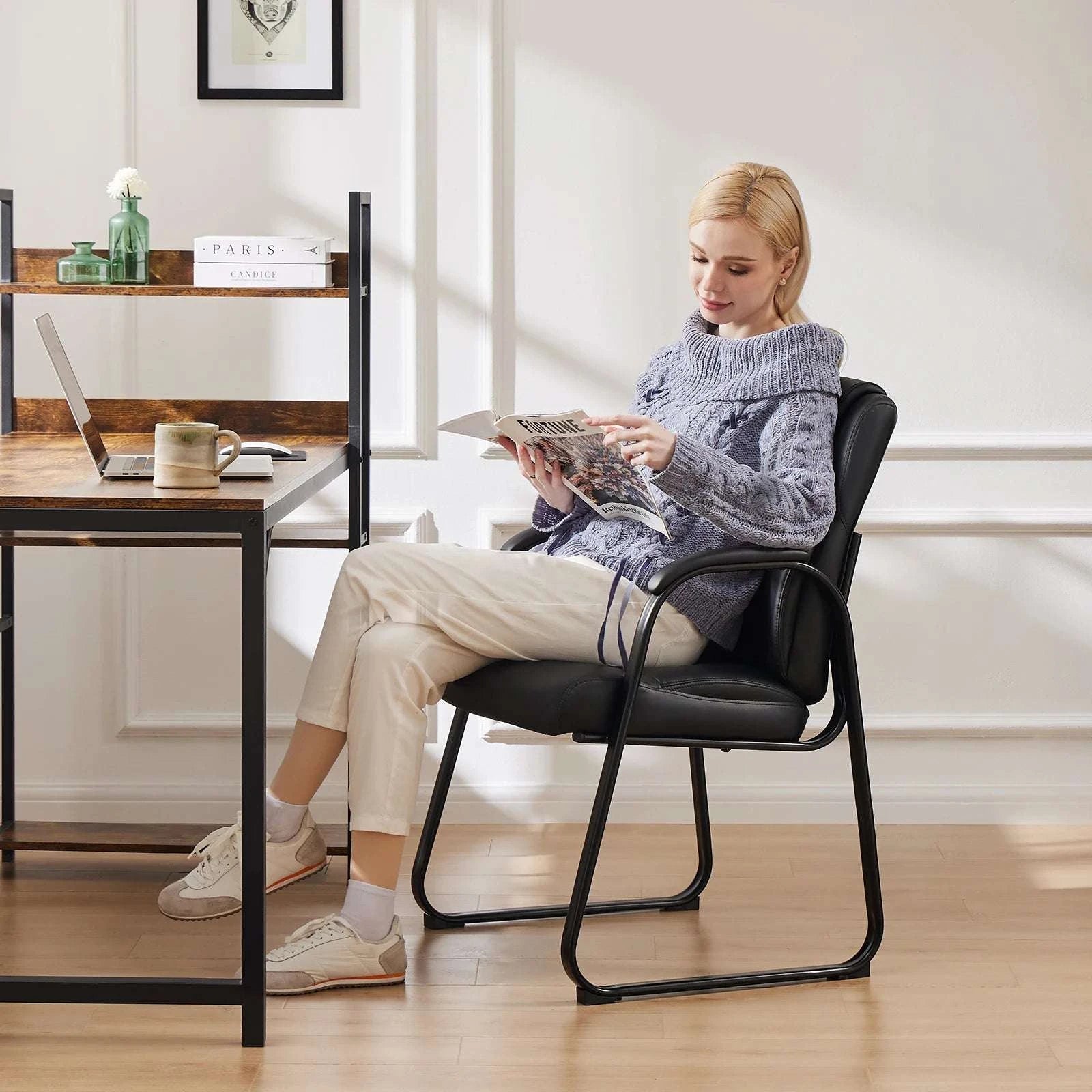 Ergonomic PU Leather Office Guest Chair with Padded Arms and Backrest-Black 2-Pack / United States