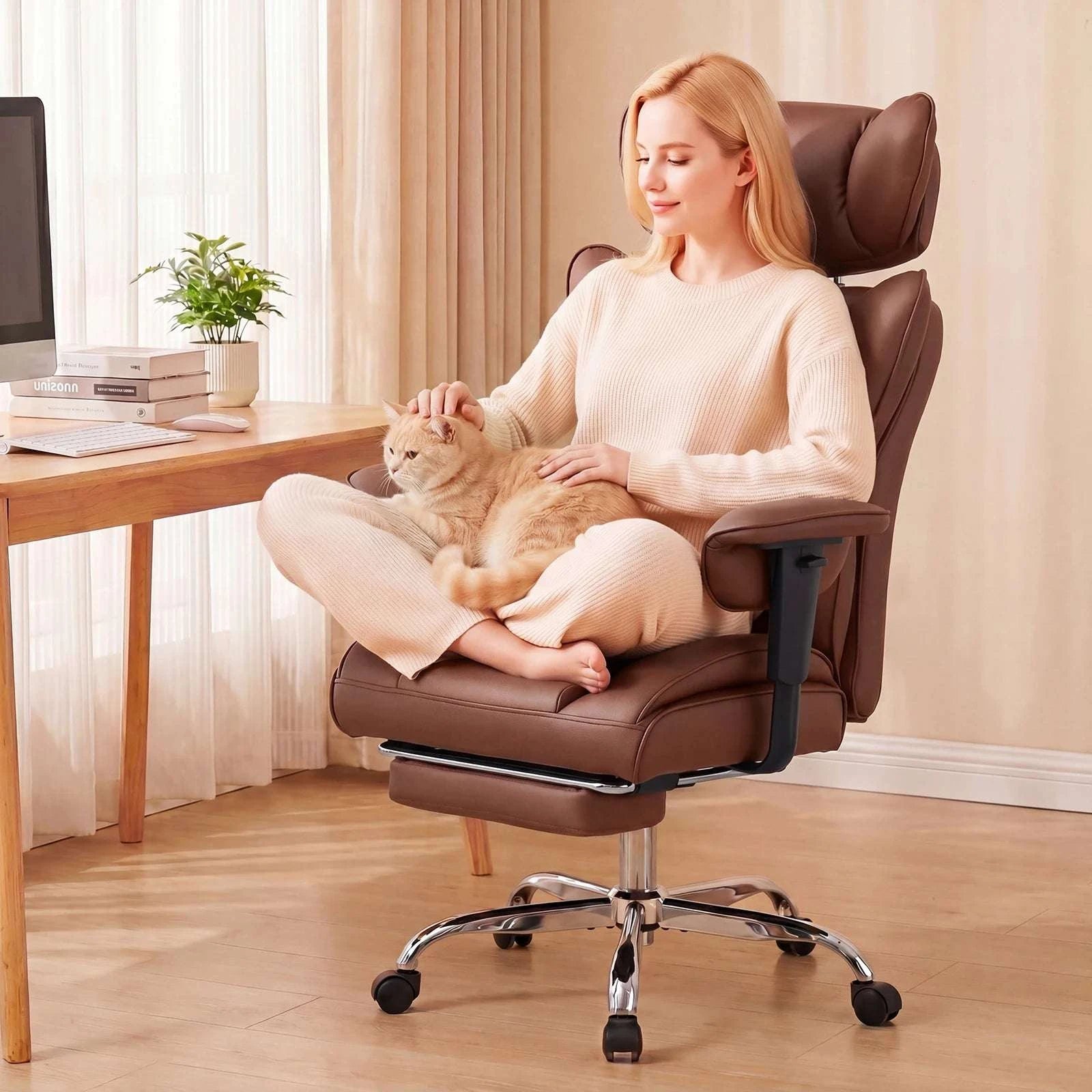 Ergonomic Reclining Office Chair with Footrest & Wide Seat Comfort-Beige / United States