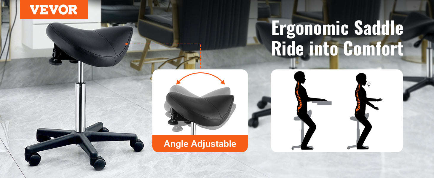 Ergonomic Saddle Stool with 5 Swivel Casters, 360° Rotation, 20.1-28 in Height Adjustable-Black / United States