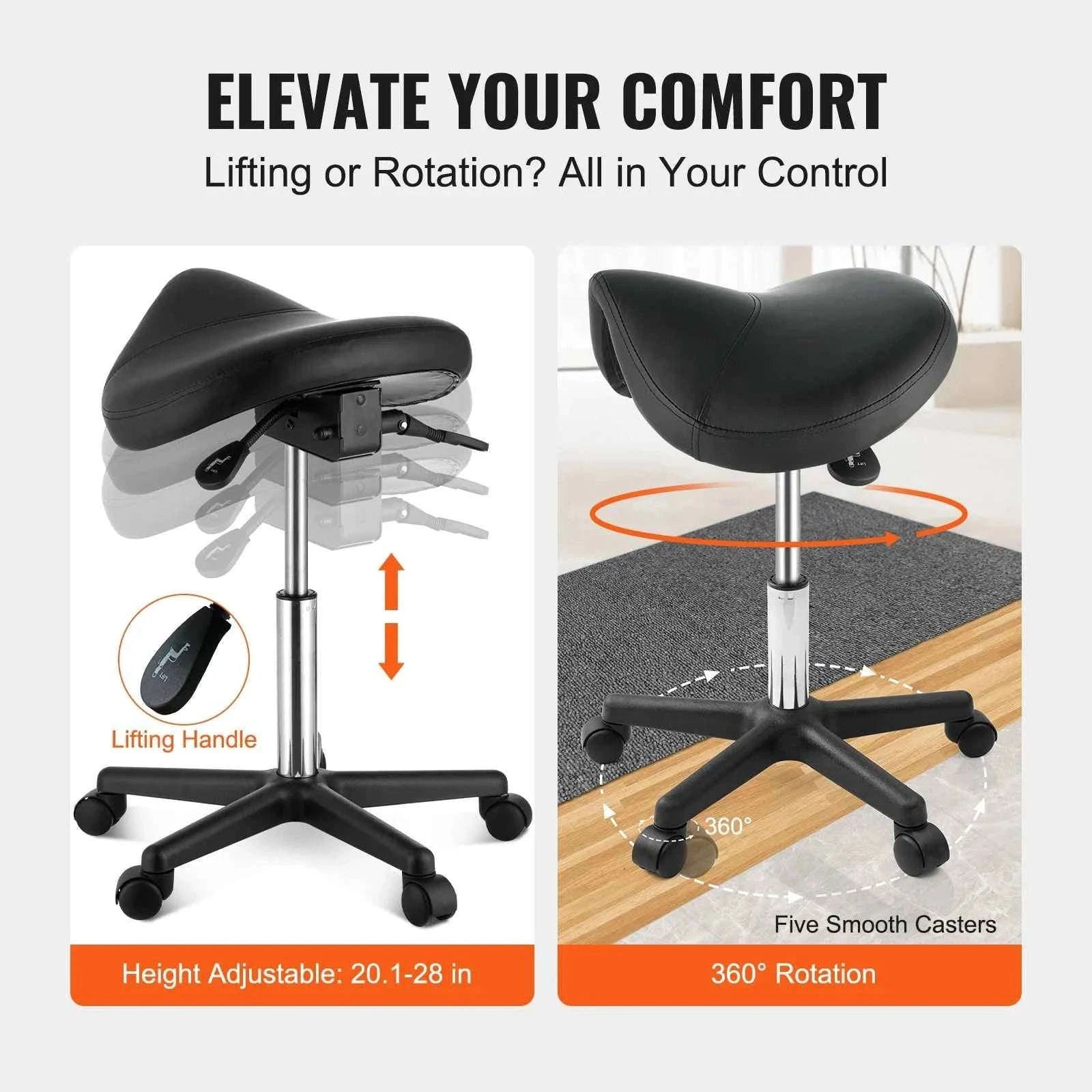 Ergonomic Saddle Stool with 5 Swivel Casters, 360° Rotation, 20.1-28 in Height Adjustable-Black / United States
