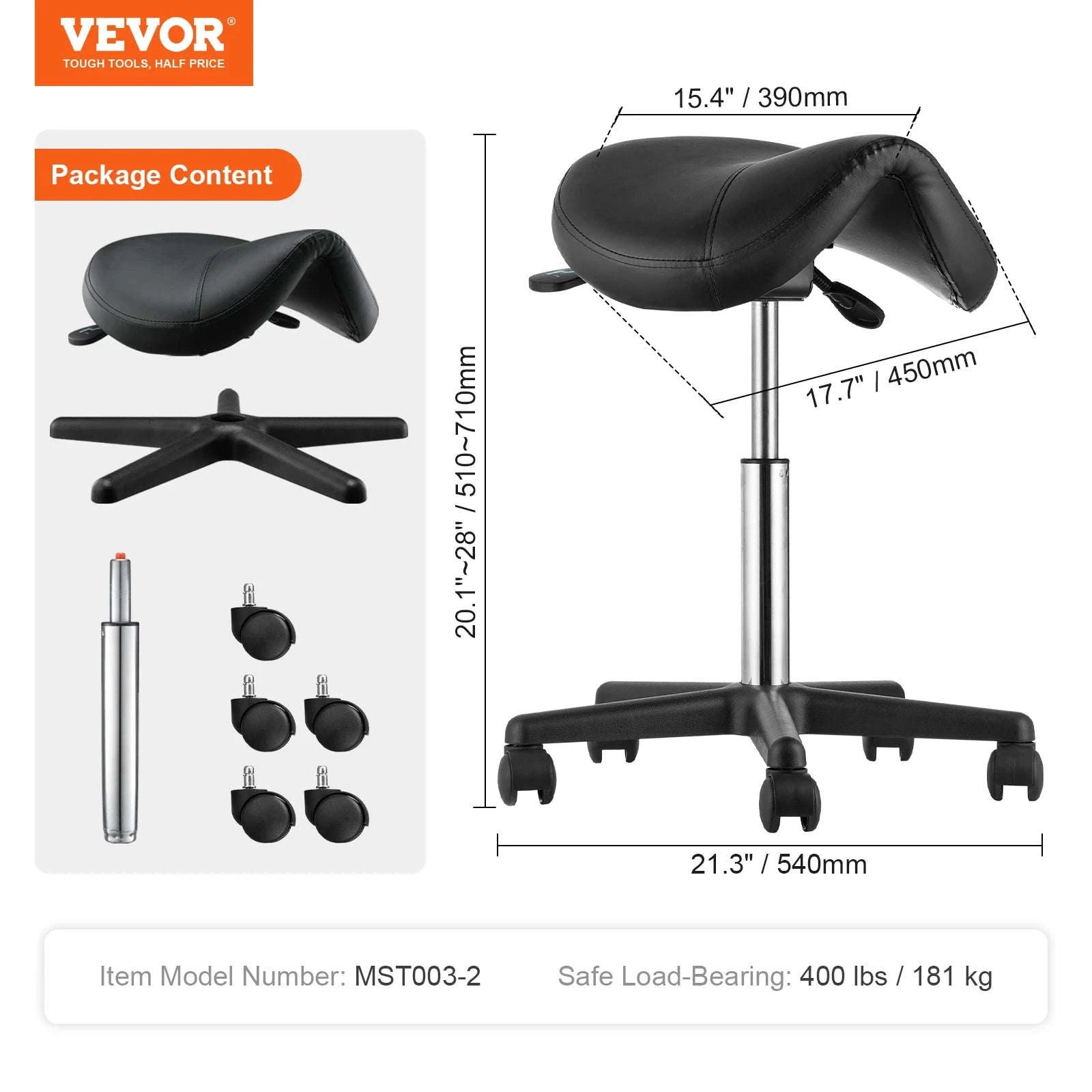 Ergonomic Saddle Stool with 5 Swivel Casters, 360° Rotation, 20.1-28 in Height Adjustable-Black / United States