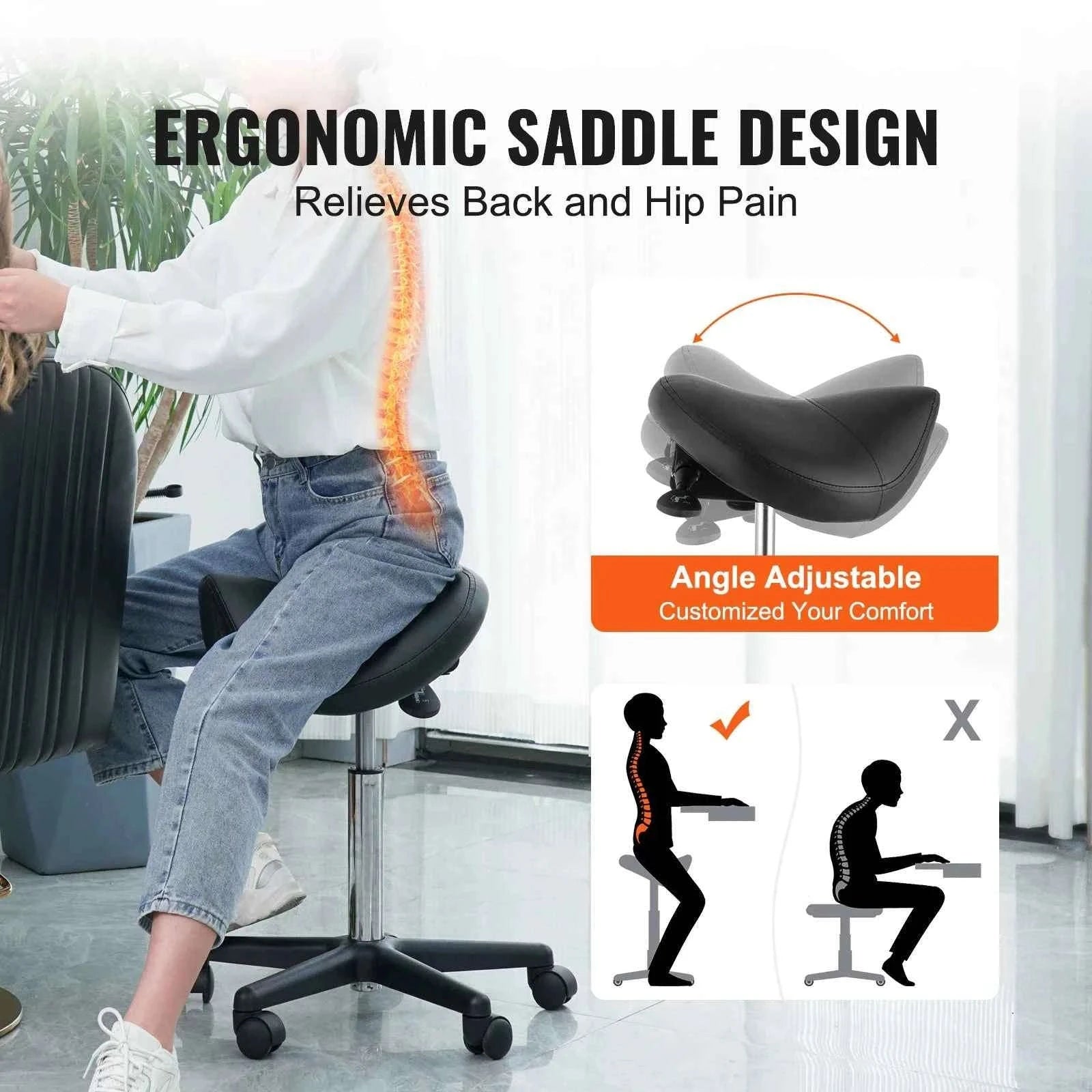 Ergonomic Saddle Stool with 5 Swivel Casters, 360° Rotation, 20.1-28 in Height Adjustable-Black / United States