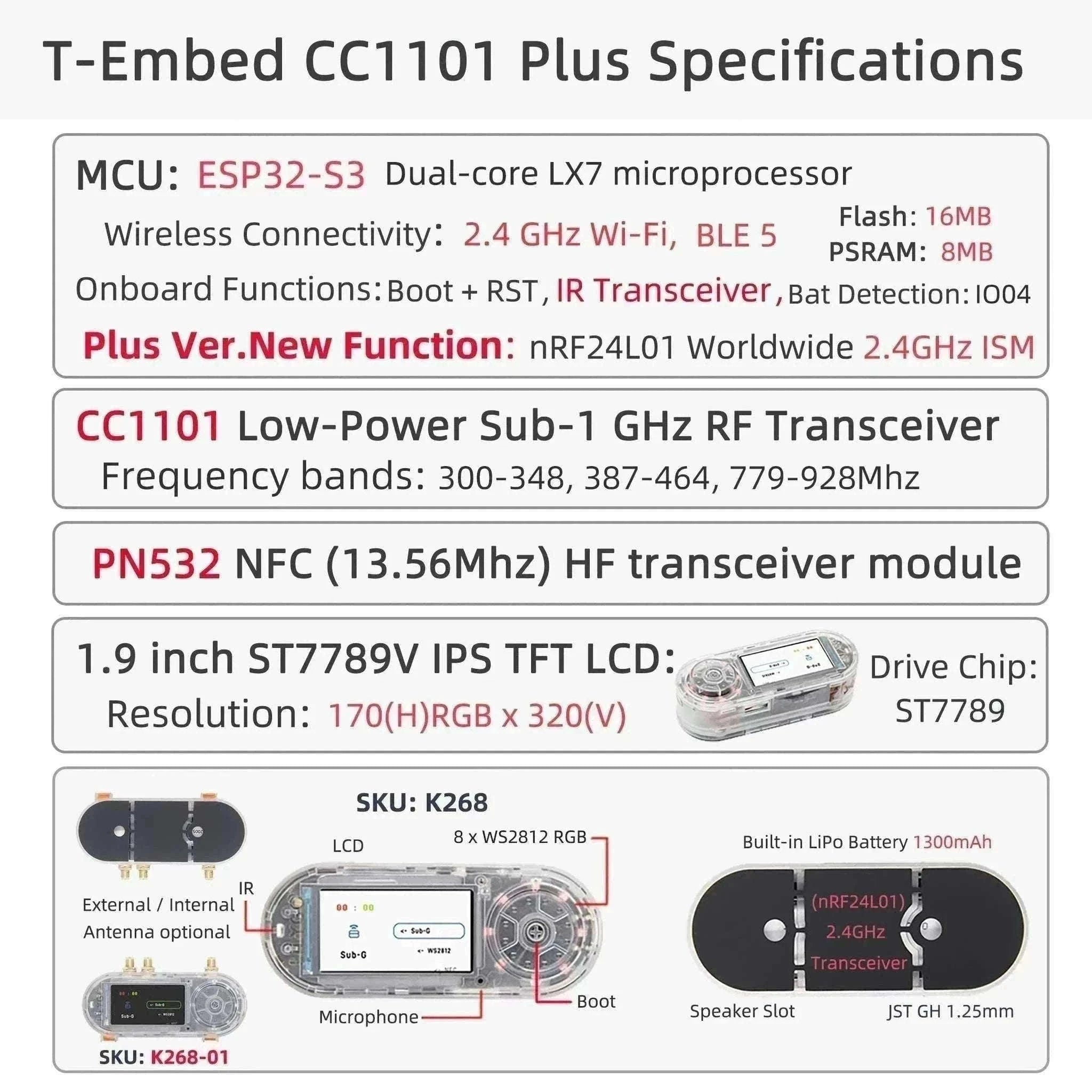 ESP32-S3 RF Development Board with CC1101, NFC, LCD & 1300mAh Battery-Transparent(Ext.Ant) / China Mainland / T-Embed PLUS