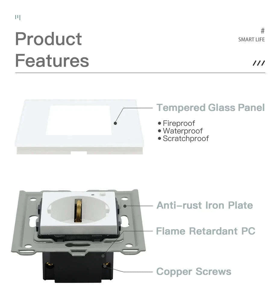 EU 16A Wall Power Socket with Glass Panel (110–250V)-Black 2Monitor Stock / EU / China Mainland