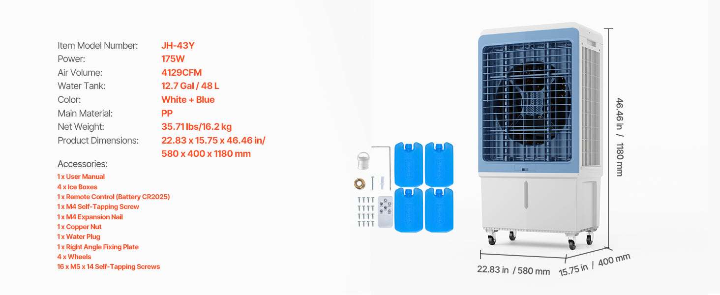 Evaporative Air Cooler 3100 CFM with 9 Gal Tank, Remote & Timer-26L / United States