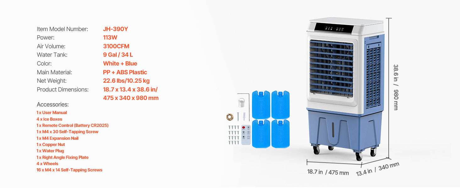 Evaporative Air Cooler 3100 CFM with 9 Gal Tank, Remote & Timer-26L / United States
