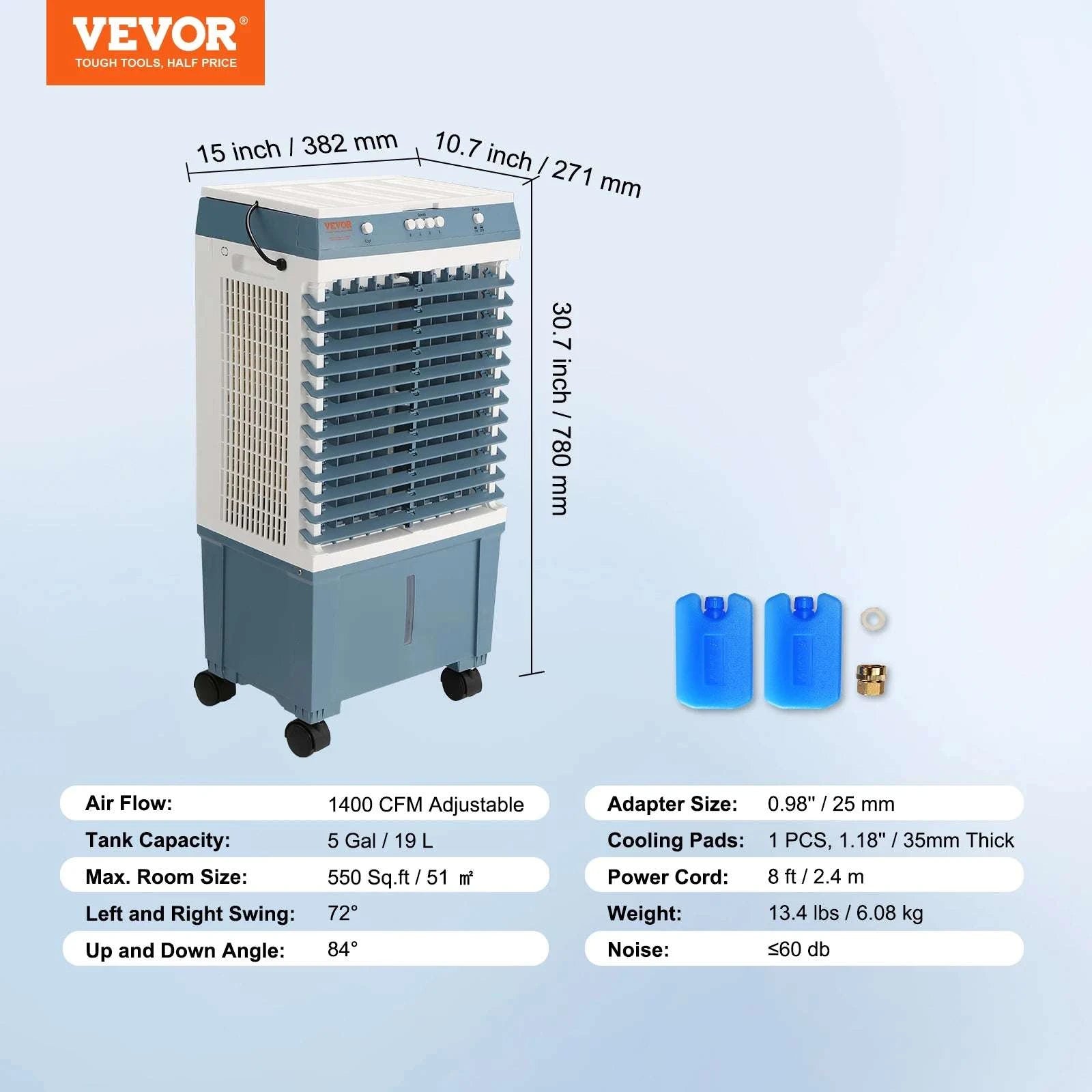 Evaporative Air Cooler with Oscillation, 3 Speeds & 12H Timer-100W 32CM 5gallon / United States