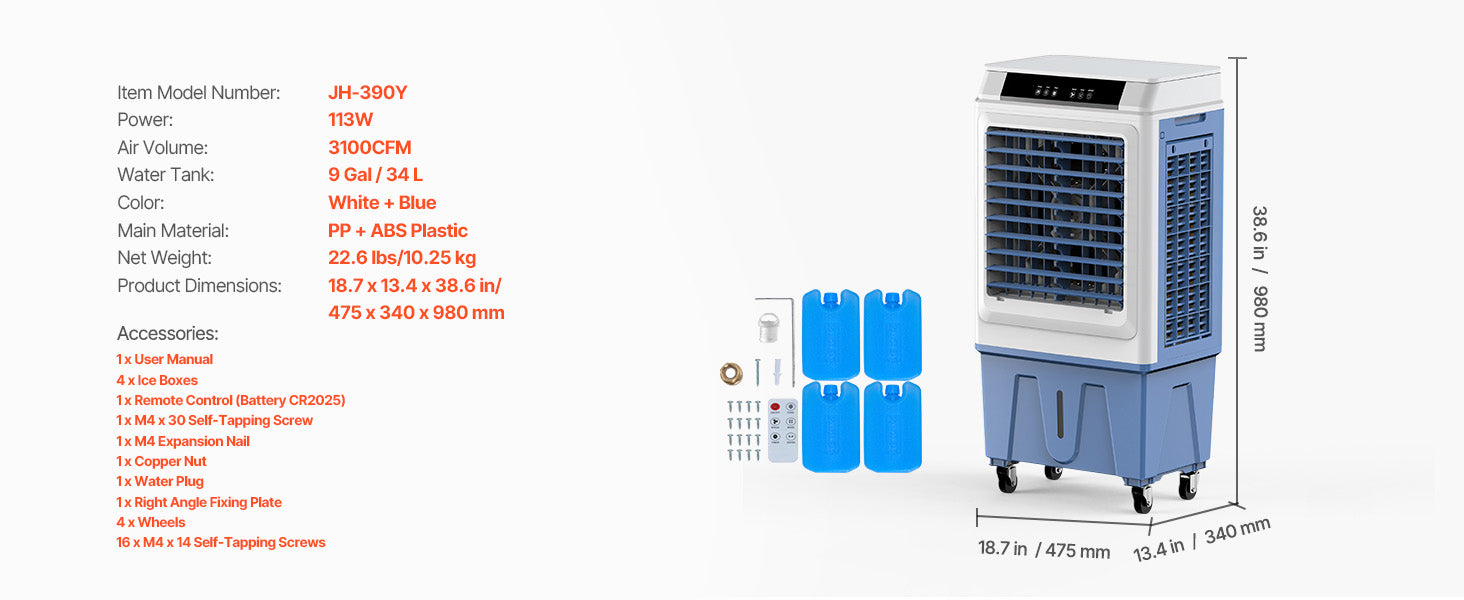 Evaporative Air Cooler 3100 CFM with 9 Gal Tank, Remote & Timer