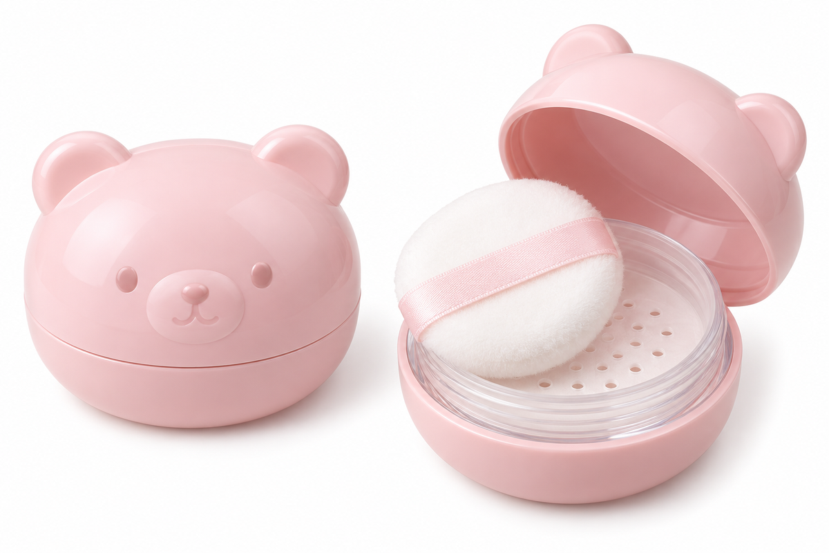 Bear-shaped powder puff case and sifter on white background