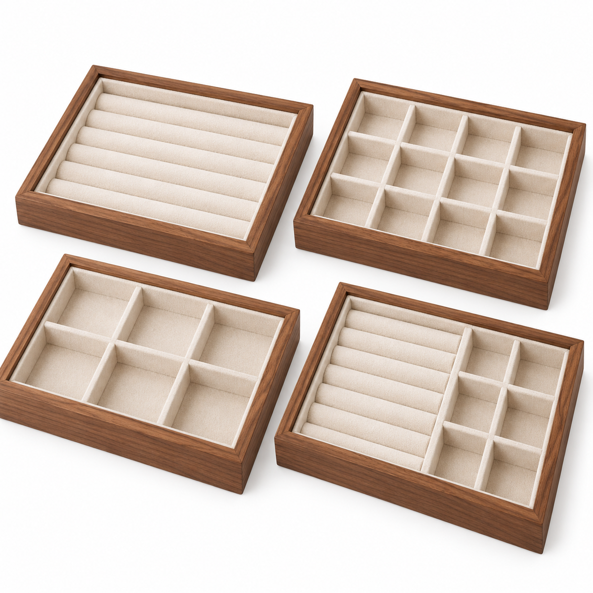 Wooden jewelry display trays on white background