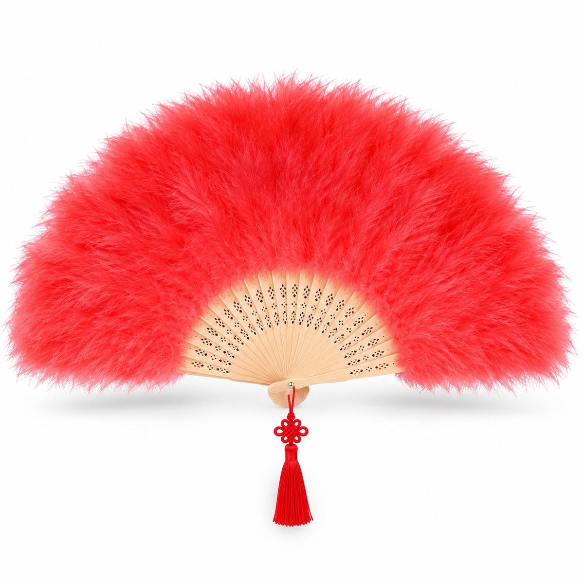 Open red folding feather fan isolated on white