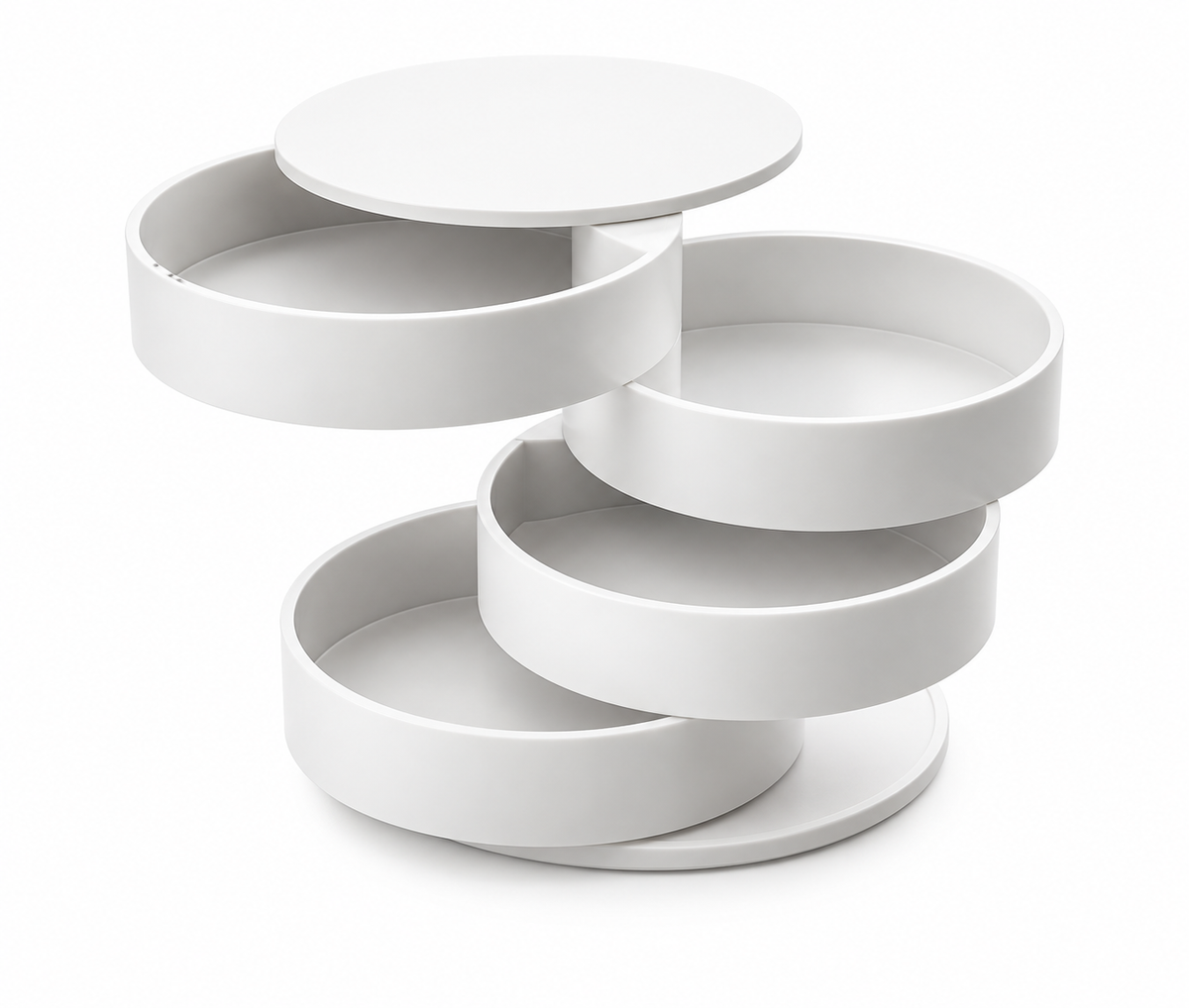 White rotating multi-layer organizer with empty tiers on white