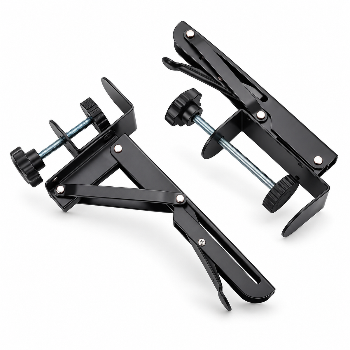 Pair of black foldable desktop support brackets on white