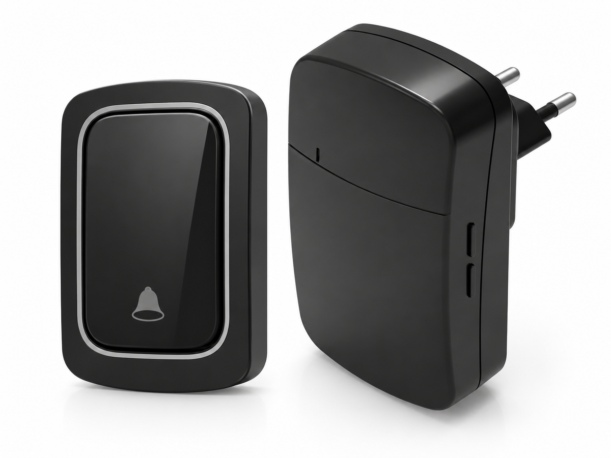 Self-powered wireless doorbell kit with EU plug receiver on white background