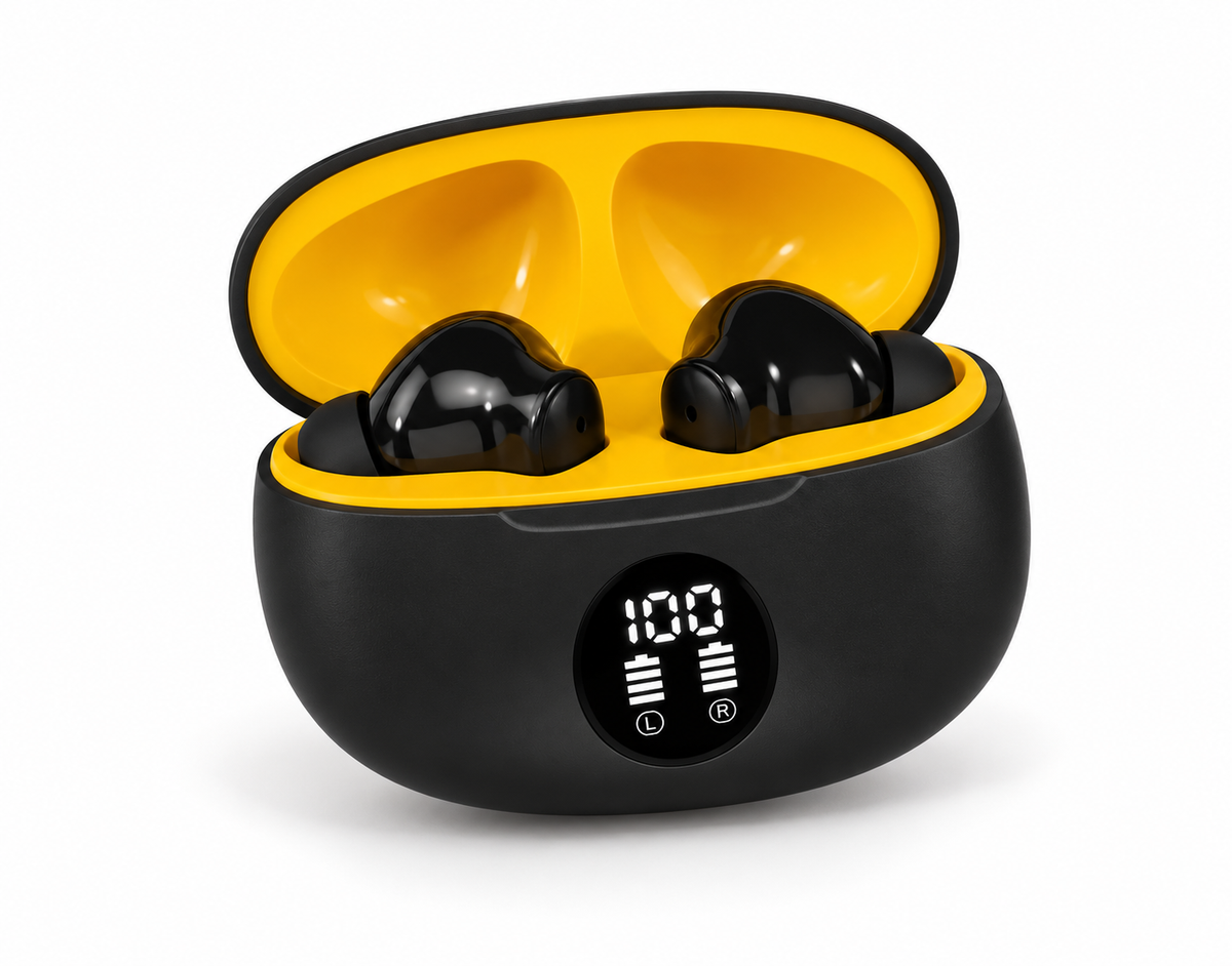 Black and yellow wireless earbuds with charging case on white background