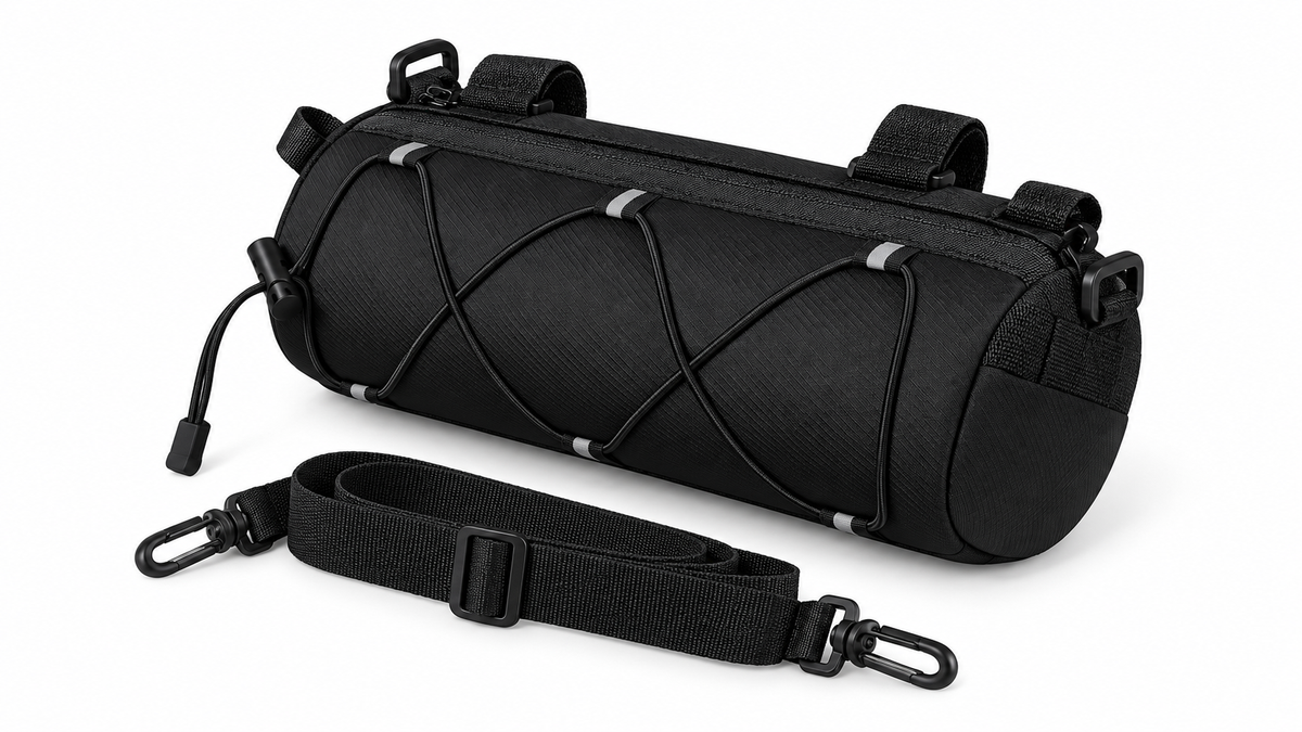 Black multi-position bicycle bag with shoulder strap on white background