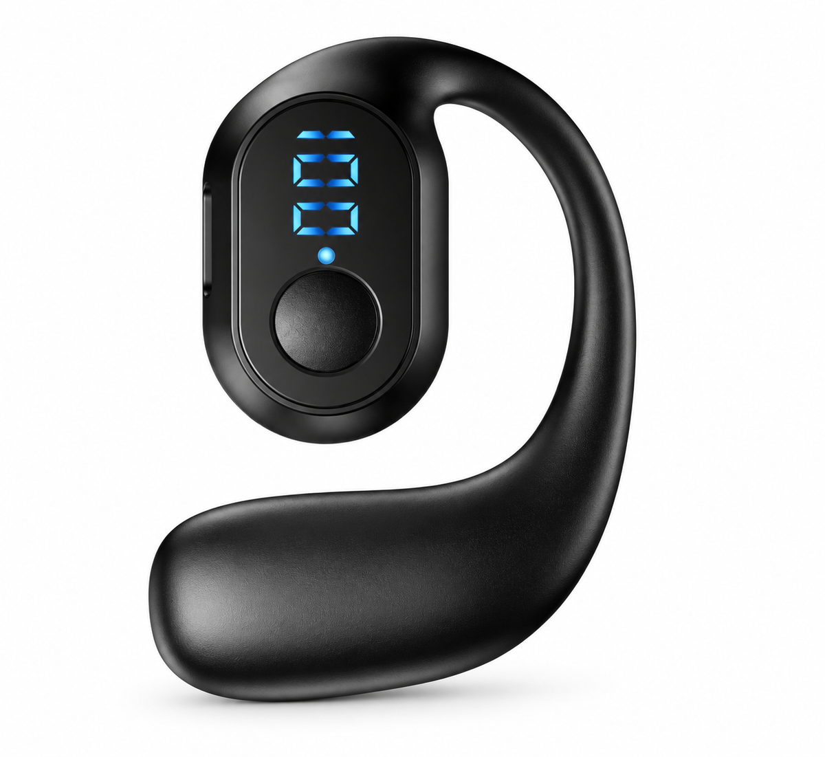 Black Bluetooth 5.3 single-ear hook headset on a white background