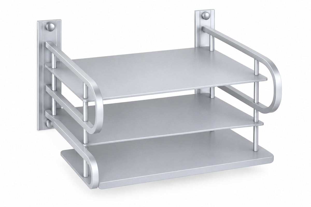 Three-tier light gray metal wall shelf on white background