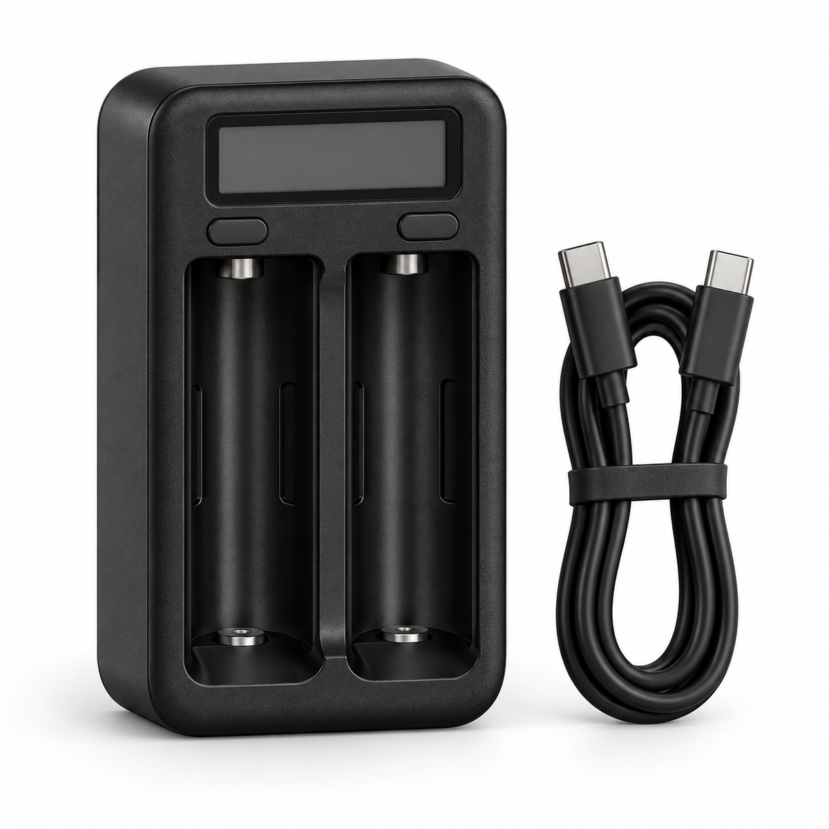 Unbranded dual-slot rechargeable battery charger on white background