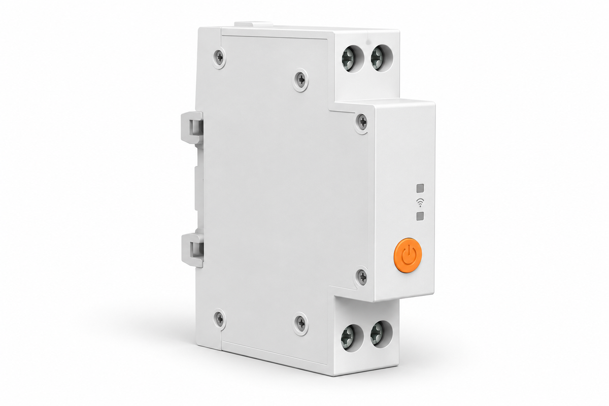 White Zigbee DIN rail switch with orange button on white background