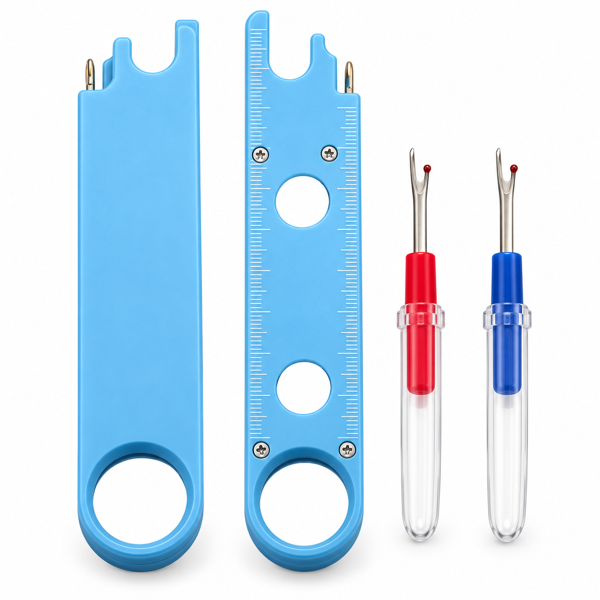 Blue sewing needle tool and two seam rippers on white background