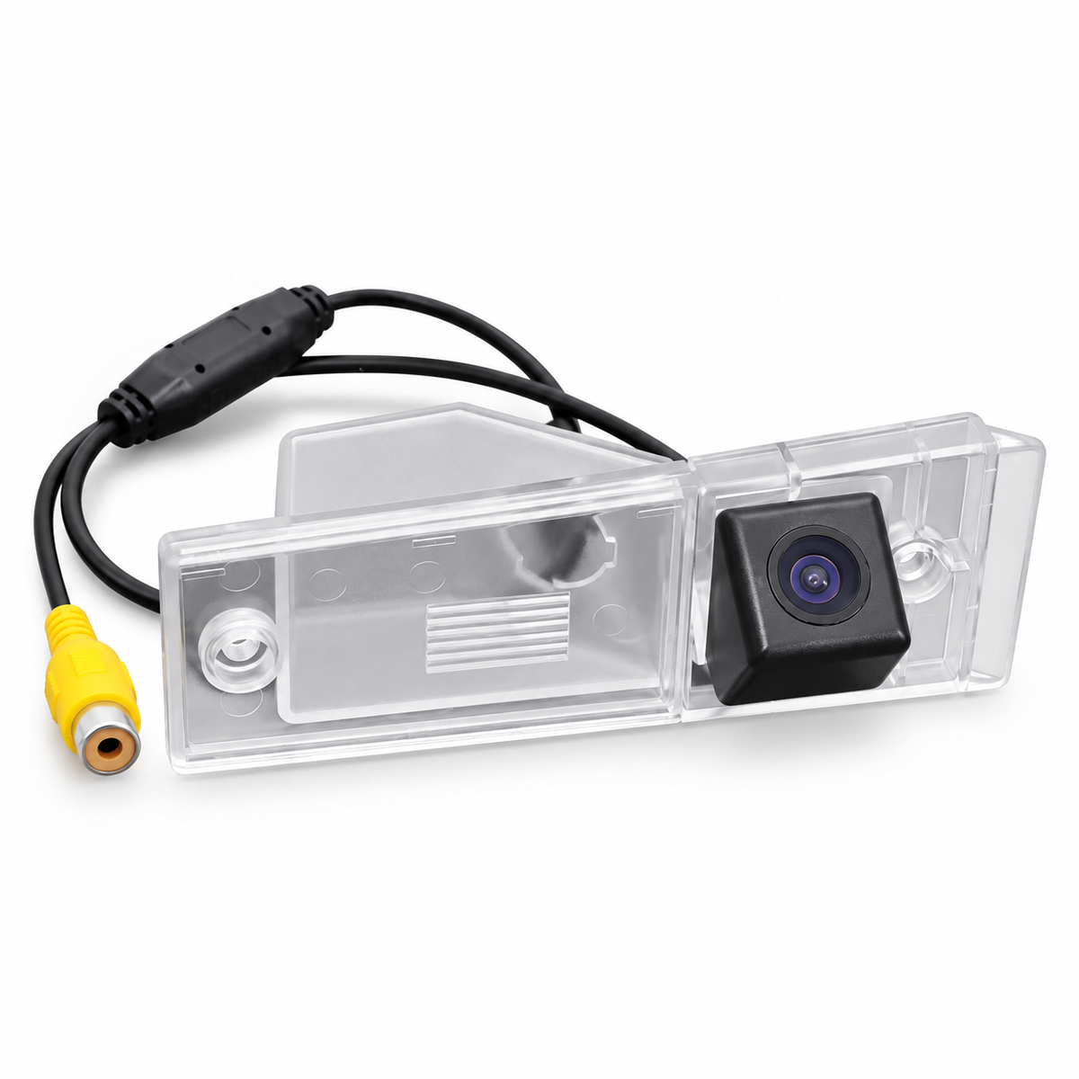 Rear camera in clear vehicle plate-light housing on white background