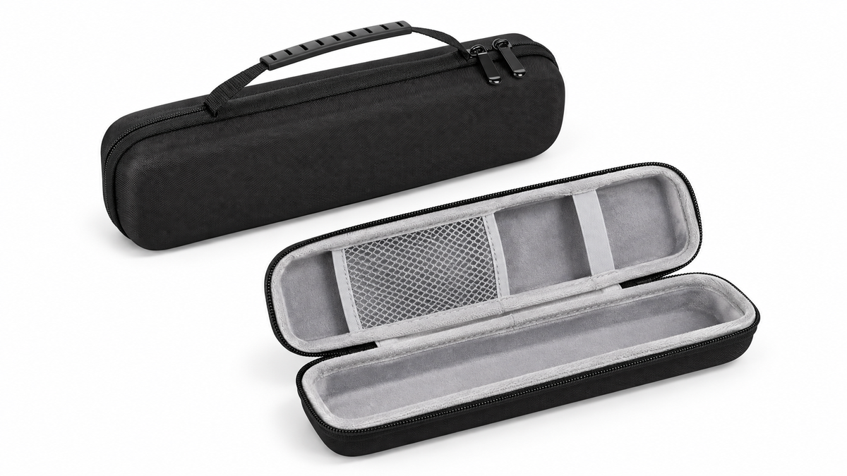 Empty black travel case for hair styling tools, shown open and closed on white