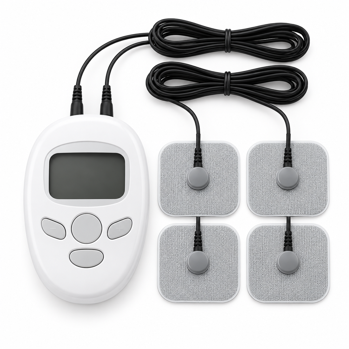Unbranded TENS stimulator unit and electrode pads on white background