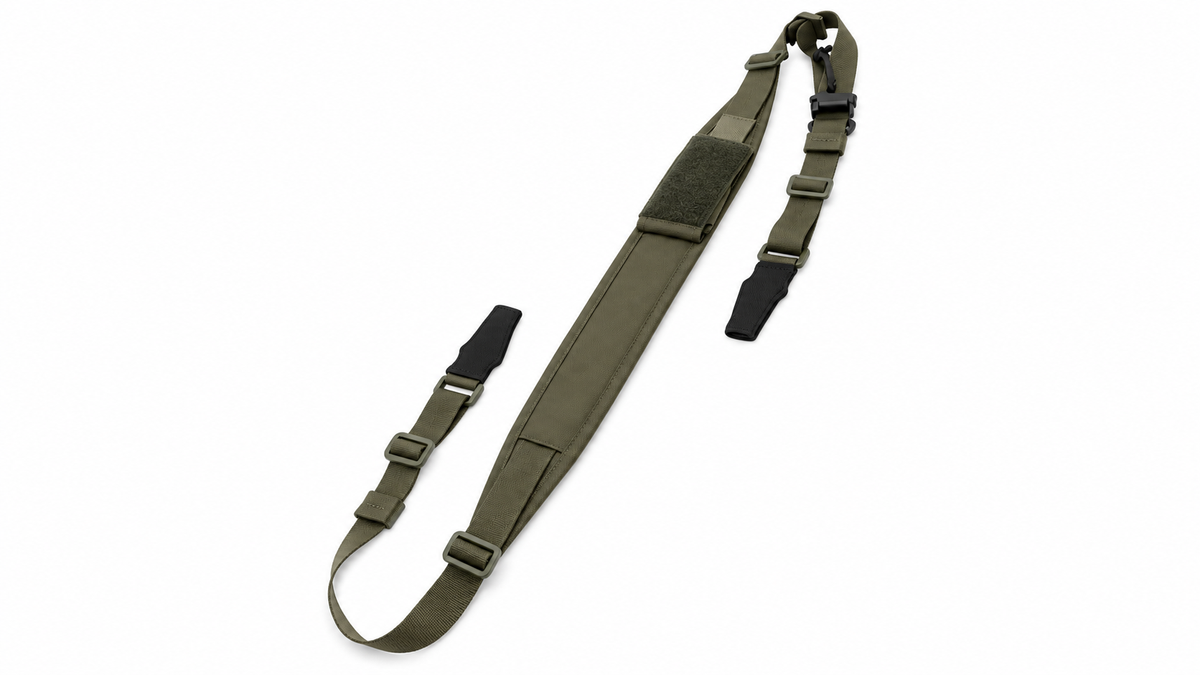 Unbranded olive modular rifle sling on a white background