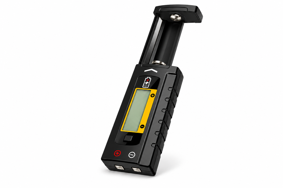 Handheld battery tester on white background