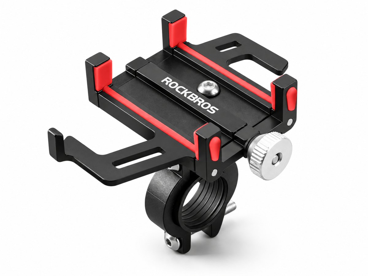 Black and red aluminum bicycle phone mount on white background