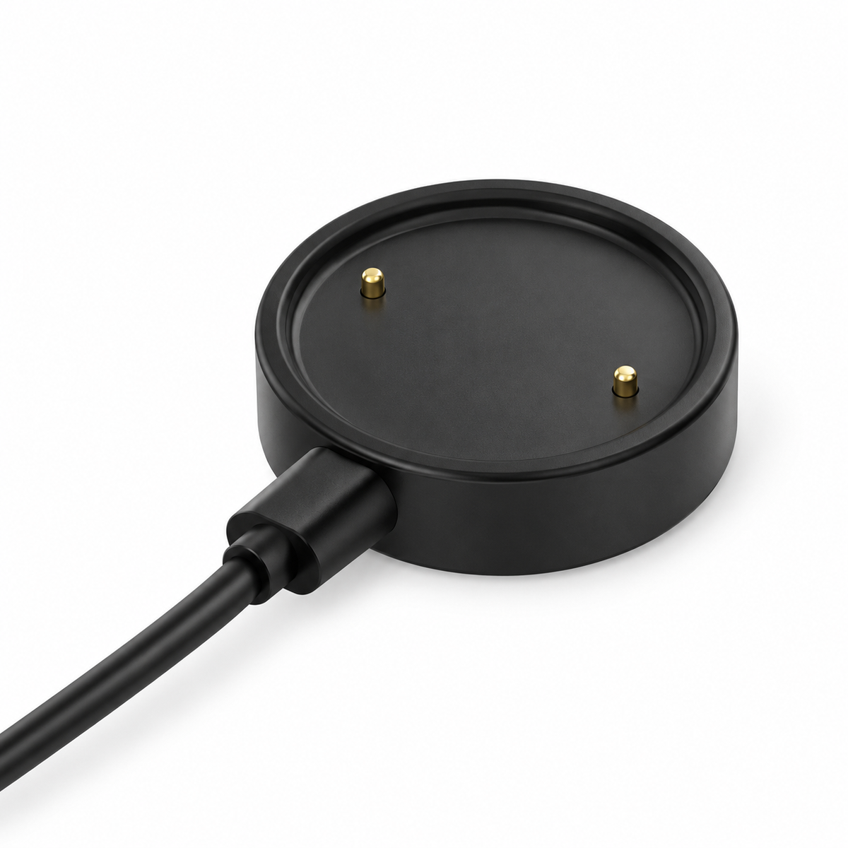 Round magnetic smartwatch charging dock and cable on white background