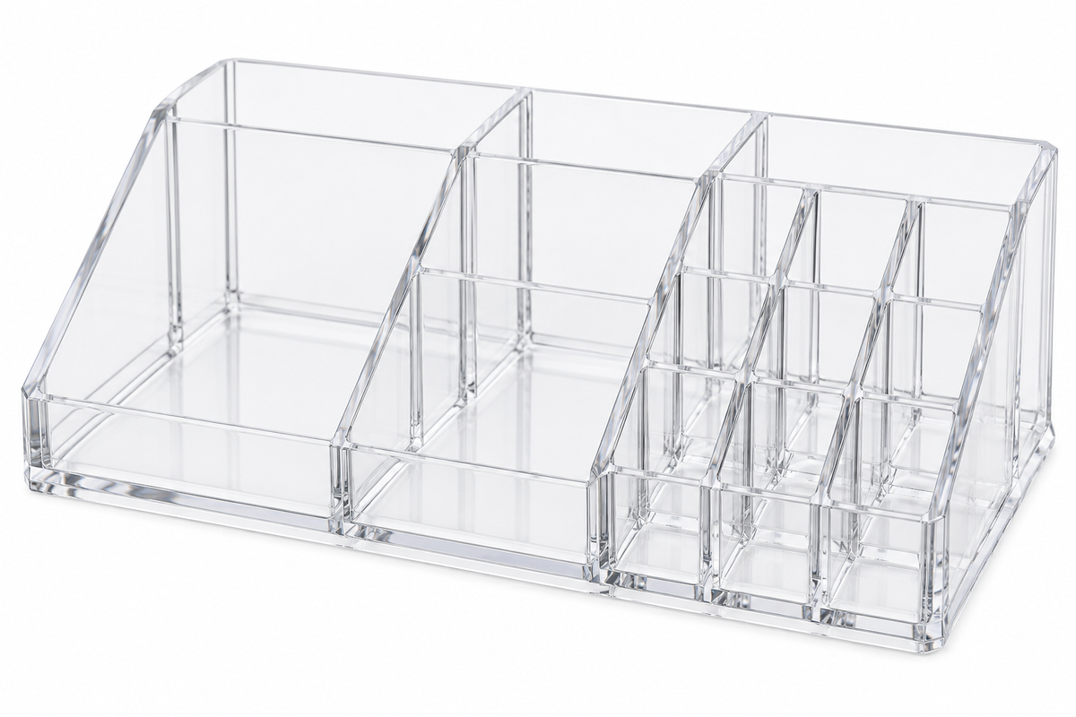 Clear empty makeup organizer on white background