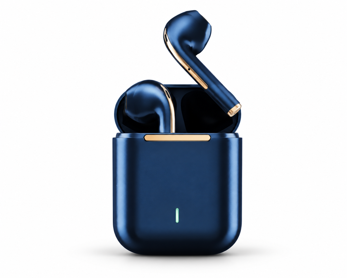 Navy blue wireless earbuds and charging case on white background