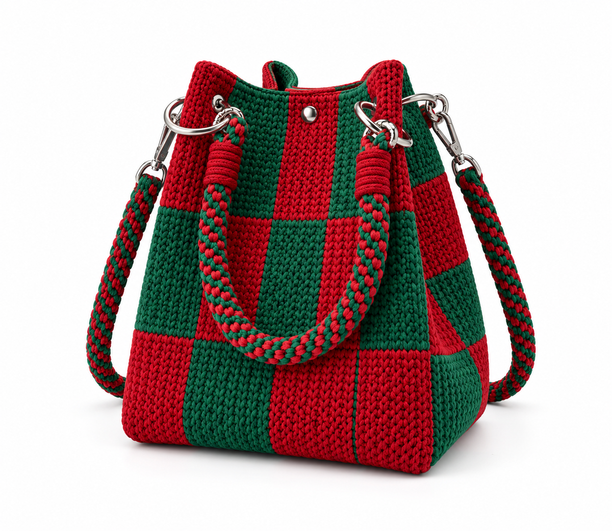 Red and green knitted patchwork bucket bag on a white background